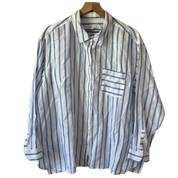 J. Jill Love Linen Easy Blue and White Striped Button Up Shirt- size 1X - Picture 1 of 12